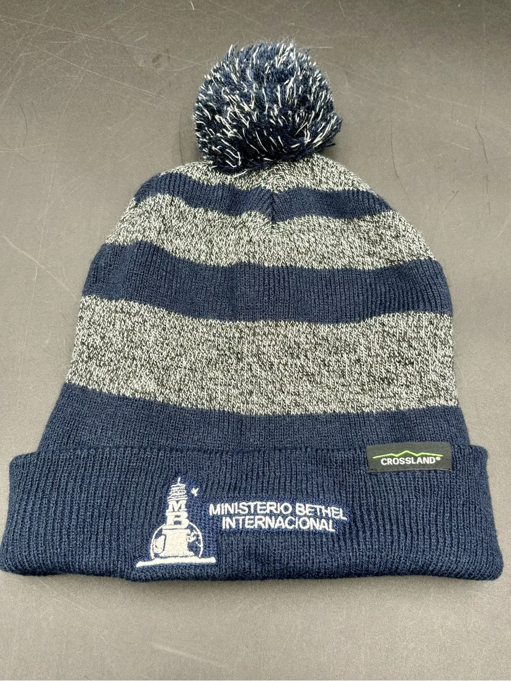 Crossland Hedrick Striped Pom Beanie Hat Navy / Grey - Great Condition